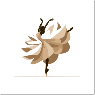 Ballerina in a golden tutu dancing in the wind. Vector illustration, tiptoe dancing, ballet dance pose Posters and Art